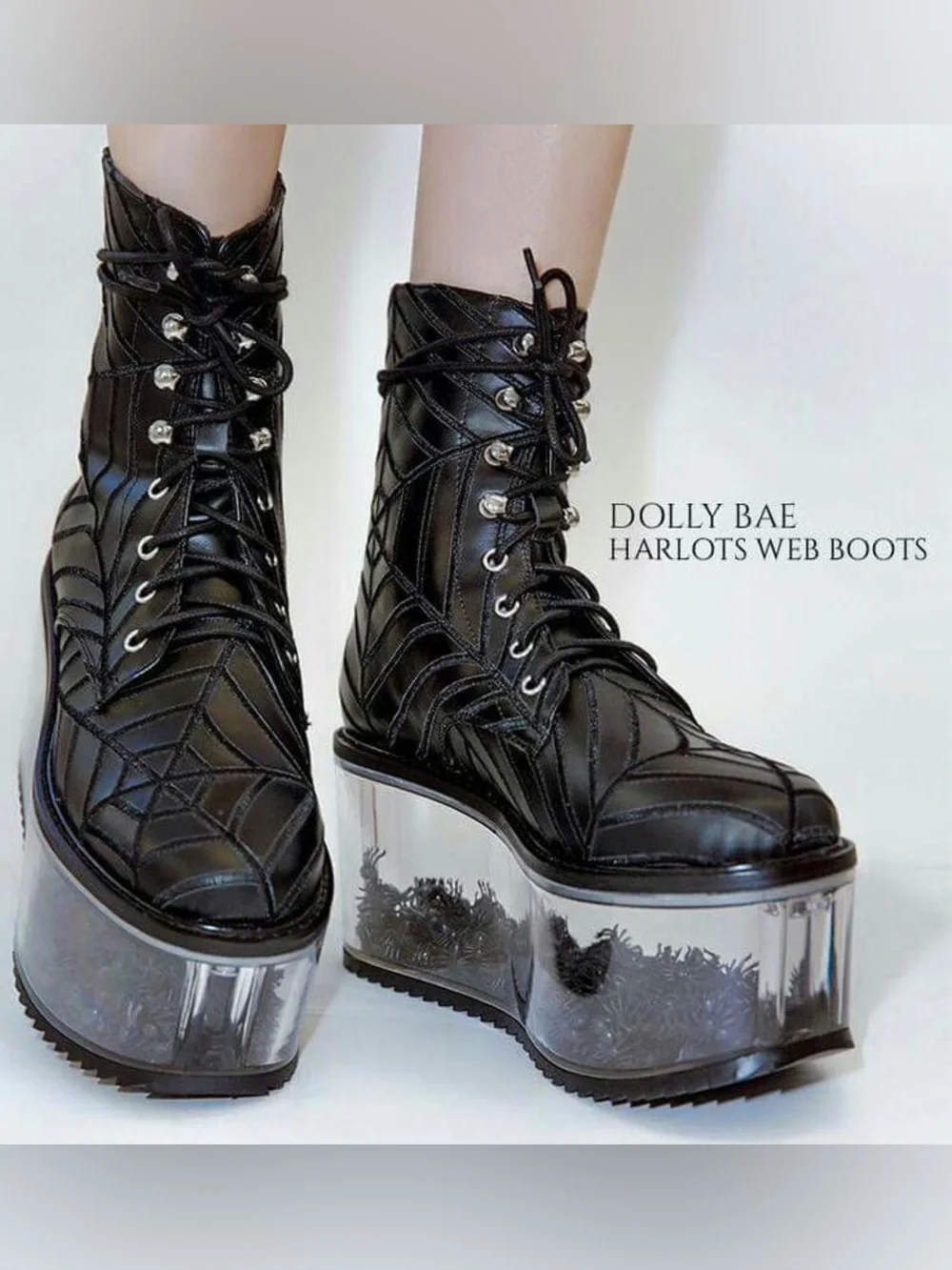 Dolly Bae Dolls Kill Harlots Black Platform Spider Web Lace-Up Ankle Boots - Picture 2 of 13